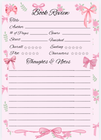 Book Review Digital Download Page, Pink bows, printable stationery, club, genre, read, notes