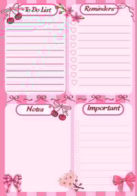 Daily Planner Digital Download Page, pink bows, cherries, to do, flower, red, printable stationery