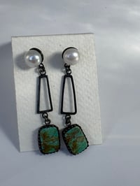 Image 1 of Blackened silver earrings with turquoise and freshwater pearl