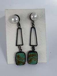 Image 2 of Blackened silver earrings with turquoise and freshwater pearl
