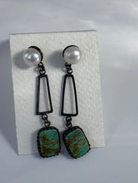 Image 3 of Blackened silver earrings with turquoise and freshwater pearl