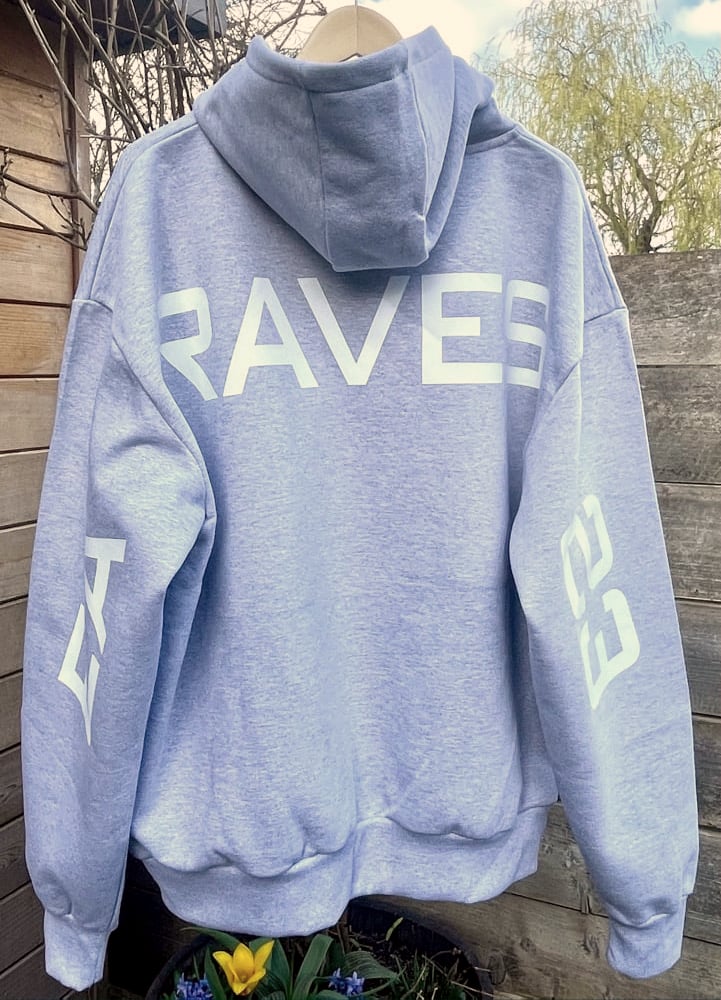 Image of GREY ZIP UP EA RAVES BACK TEXT HOODIE