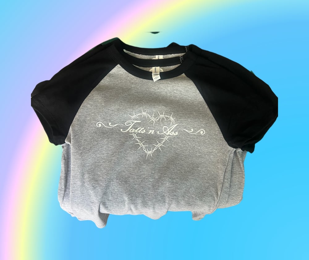 Image of Black and Grey Raglan Tatts ‘N Ass baby tee