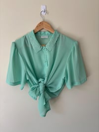 Image 1 of Vintage Mint Green Embridered Smartline Blouse 