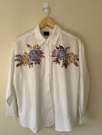 Image 1 of Vintage White Long Sleeve Shirt with Floral Mesh Design.