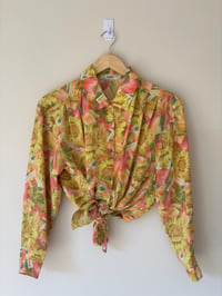 Image 1 of Vintage Sunflower Print Blouse: Pleated Long Sleeve Shirt, Gold Buttons (Size 12-14