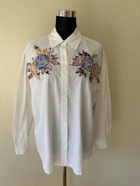 Image 2 of Vintage White Long Sleeve Shirt with Floral Mesh Design.