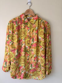Image 2 of Vintage Sunflower Print Blouse: Pleated Long Sleeve Shirt, Gold Buttons (Size 12-14