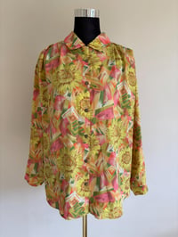 Image 3 of Vintage Sunflower Print Blouse: Pleated Long Sleeve Shirt, Gold Buttons (Size 12-14