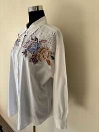 Image 4 of Vintage White Long Sleeve Shirt with Floral Mesh Design.