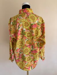 Image 4 of Vintage Sunflower Print Blouse: Pleated Long Sleeve Shirt, Gold Buttons (Size 12-14