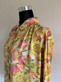 Image 5 of Vintage Sunflower Print Blouse: Pleated Long Sleeve Shirt, Gold Buttons (Size 12-14