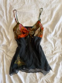 Image 1 of Vintage Y2K black ruched bust butterfly cami with beaded strap detail 