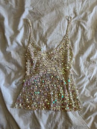 Image 1 of Vintage Y2K iridescent cream sequin crochet cami 
