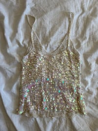 Image 2 of Vintage Y2K iridescent cream sequin crochet cami 