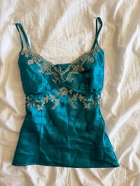 Image 1 of Vintage Y2K jade blue embroidered satin cami 