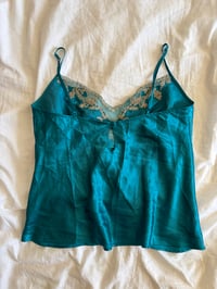 Image 2 of Vintage Y2K jade blue embroidered satin cami 