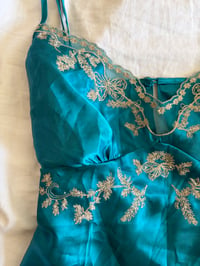 Image 3 of Vintage Y2K jade blue embroidered satin cami 