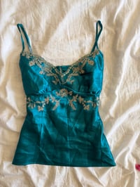 Image 7 of Vintage Y2K jade blue embroidered satin cami 