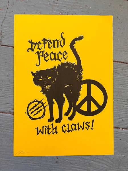 Image of 'Defend peace - with claws!' Risograph print