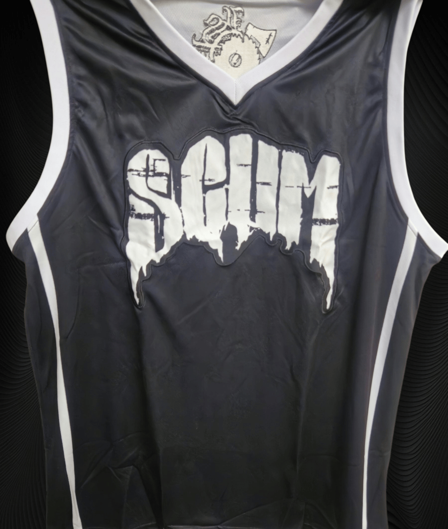 Image of SCUM : 2024 BLACK / WHITE STRIPE LOGO BASKETBALL Jersey 