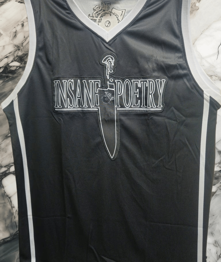Image of INSANE POETRY : 2024  BLACK/ WHITE LOGO BASKETBALL Jersey