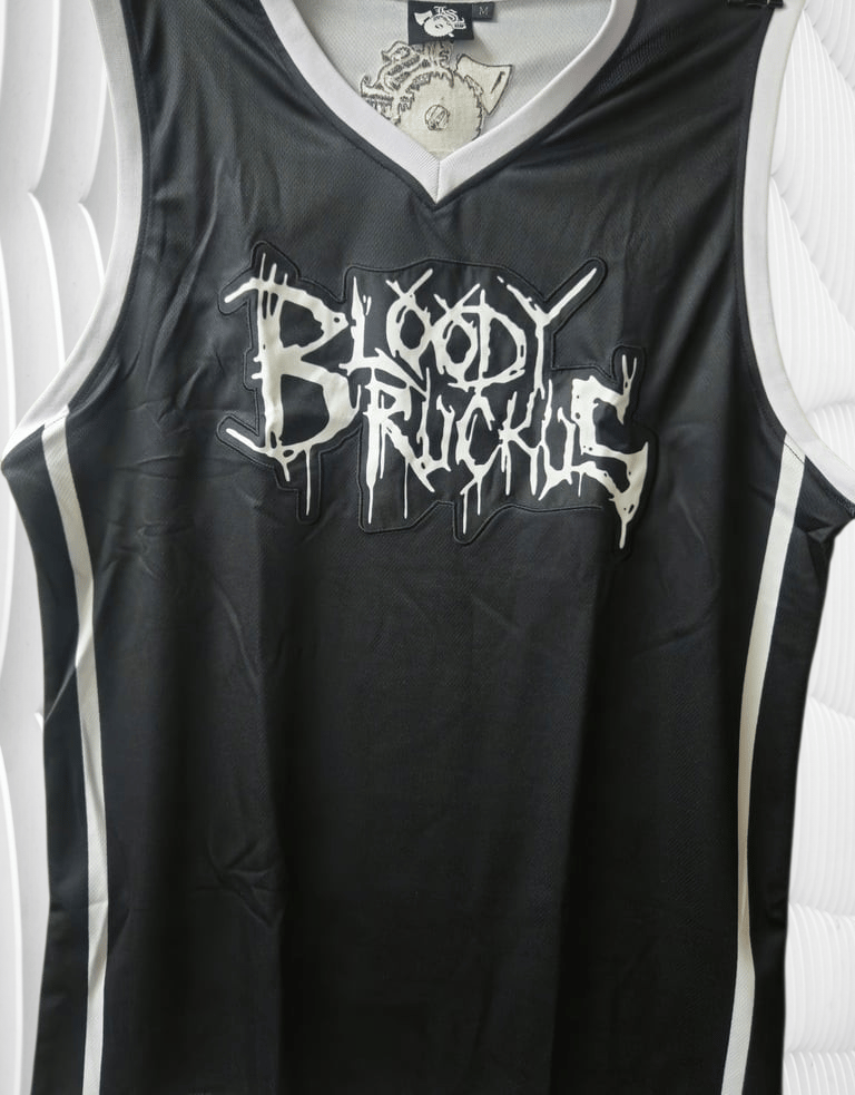 Image of BLOODY RUCKUS: 2024 BLACK / WHITE STRIPE LOGO BASKETBALL Jersey 