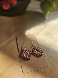 Image 3 of Ruby Red Crystal Lattice Earrings in Silver Tone Wire