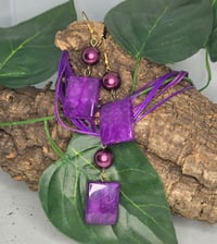 Square Purple Glass Pendant with Purple & Gold Ribbon Necklace and Earrings Set