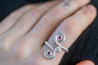 Image 1 of 'Shintangle' Recycled silver, spiral ring with garnet, sapphire and cubic zirconia