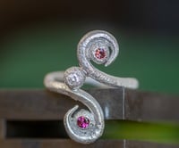 Image 2 of 'Shintangle' Recycled silver, spiral ring with garnet, sapphire and cubic zirconia
