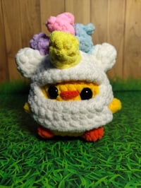 Image 1 of Amigurumi Chicken in Unicorn Costume – Chunky Chenille Yarn (Pre Order)