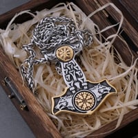Image 2 of 👑The Armored Kingdom Thor's Hammer Mjolnir Wolf Head and Norse Rune Necklace-Dual Tone Design