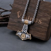 Image 6 of 👑The Armored Kingdom Thor's Hammer Mjolnir Wolf Head and Norse Rune Necklace-Dual Tone Design