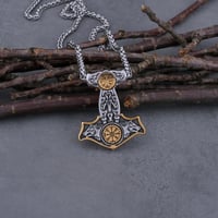 Image 4 of 👑The Armored Kingdom Thor's Hammer Mjolnir Wolf Head and Norse Rune Necklace-Dual Tone Design