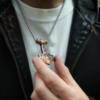 Image 8 of 👑The Armored Kingdom Thor's Hammer Mjolnir Wolf Head and Norse Rune Necklace-Dual Tone Design
