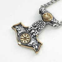 Image 9 of 👑The Armored Kingdom Thor's Hammer Mjolnir Wolf Head and Norse Rune Necklace-Dual Tone Design