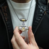 Image 5 of 👑The Armored Kingdom Thor's Hammer Mjolnir Wolf Head and Norse Rune Necklace-Dual Tone Design