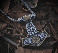 Image 11 of 👑The Armored Kingdom Thor's Hammer Mjolnir Wolf Head and Norse Rune Necklace-Dual Tone Design