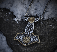 Image 12 of 👑The Armored Kingdom Thor's Hammer Mjolnir Wolf Head and Norse Rune Necklace-Dual Tone Design