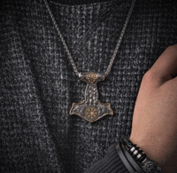 Image 13 of 👑The Armored Kingdom Thor's Hammer Mjolnir Wolf Head and Norse Rune Necklace-Dual Tone Design