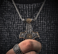 Image 14 of 👑The Armored Kingdom Thor's Hammer Mjolnir Wolf Head and Norse Rune Necklace-Dual Tone Design