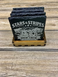 Image 5 of Patriotic Beer Coaster Set – Laser Engraved Slate + Wood Holder