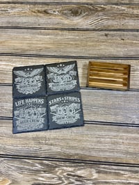 Image 1 of Patriotic Beer Coaster Set – Laser Engraved Slate + Wood Holder