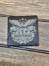 Image 2 of Patriotic Beer Coaster Set – Laser Engraved Slate + Wood Holder