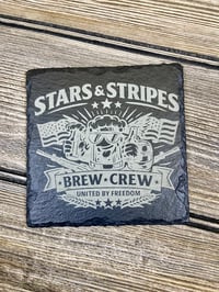 Image 3 of Patriotic Beer Coaster Set – Laser Engraved Slate + Wood Holder