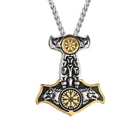 Image 3 of 👑The Armored Kingdom Thor's Hammer Mjolnir Wolf Head and Norse Rune Necklace-Dual Tone Design