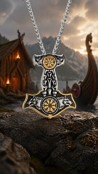 Image 1 of 👑The Armored Kingdom Thor's Hammer Mjolnir Wolf Head and Norse Rune Necklace-Dual Tone Design