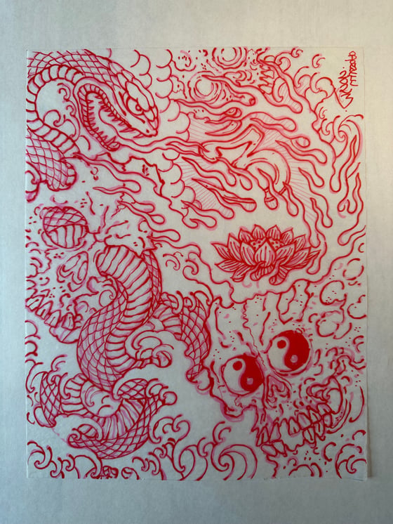 Image of Red skulls & snakes marker sketch 2023