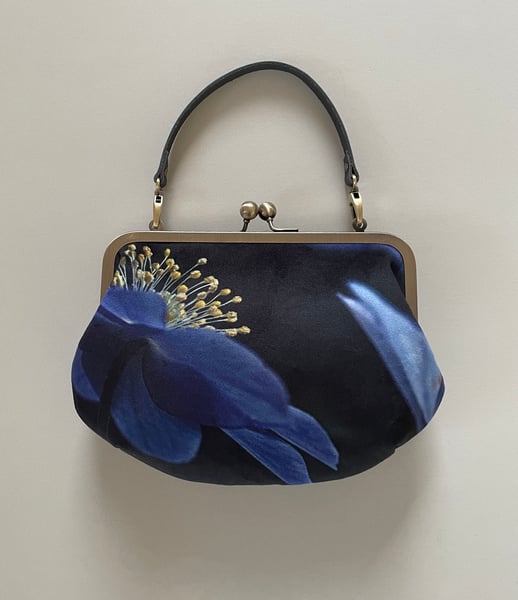 Image of Blue wood anemone, velvet clutch bag with optional strap